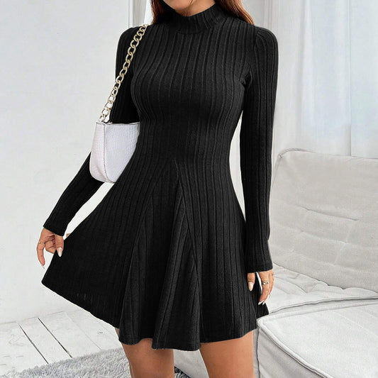 Mia Muse Women's Dresses Fall Winter Simple Solid Color Long Sleeve Mock Neck A Line High Waisted Flare Hem Casual Short Dresses